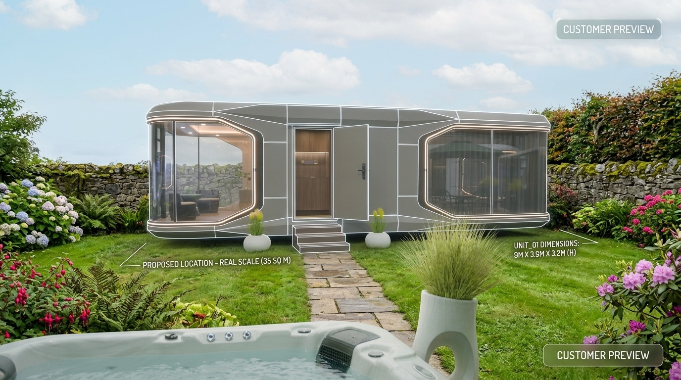 Customer preview showing a proposed unit's real-scale outline placed in a back garden, with dimensions labelled
